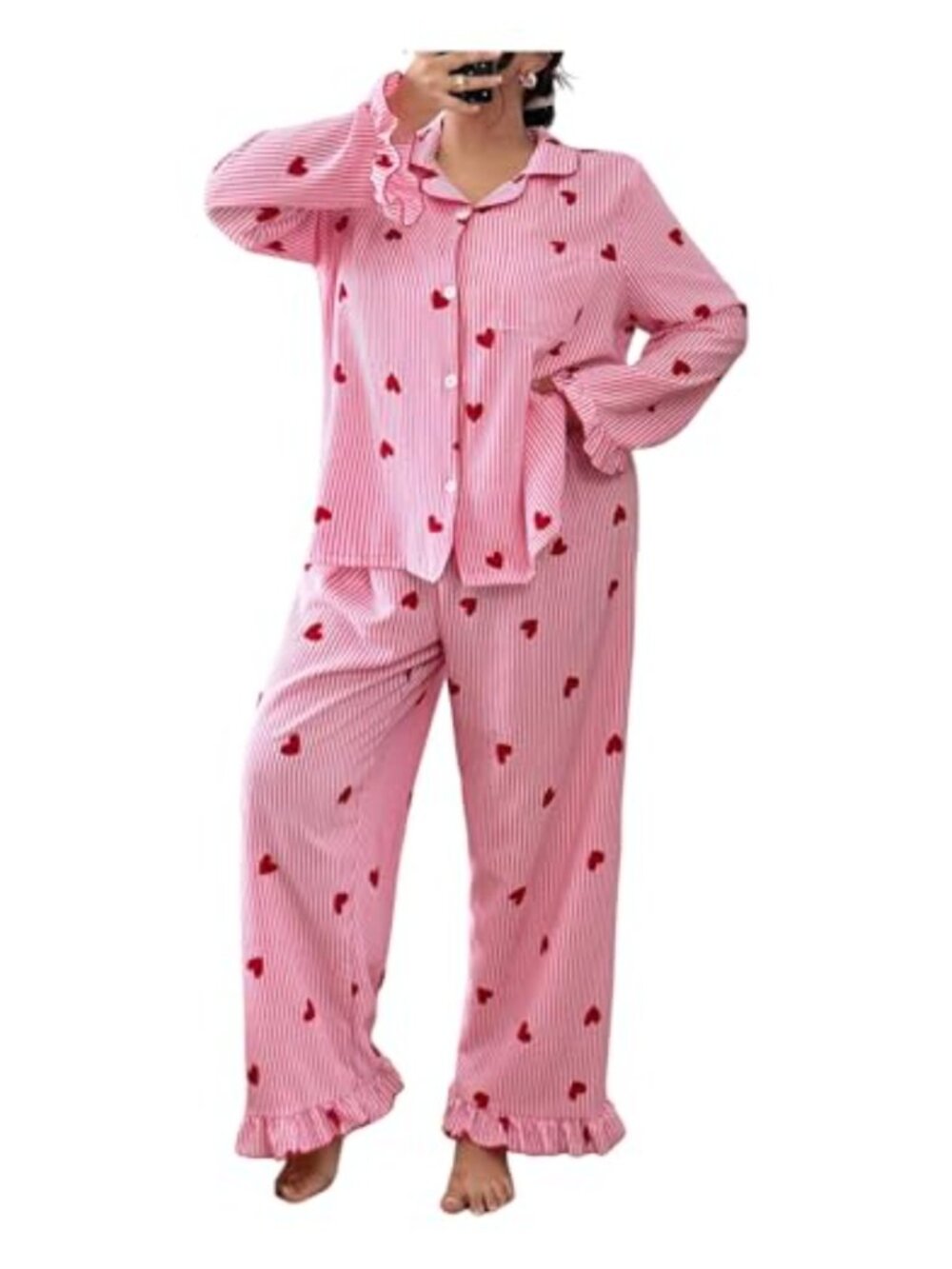 Plus Size Striped Heart Print Button Down Pajama Set Long Sleeve Sleepwear